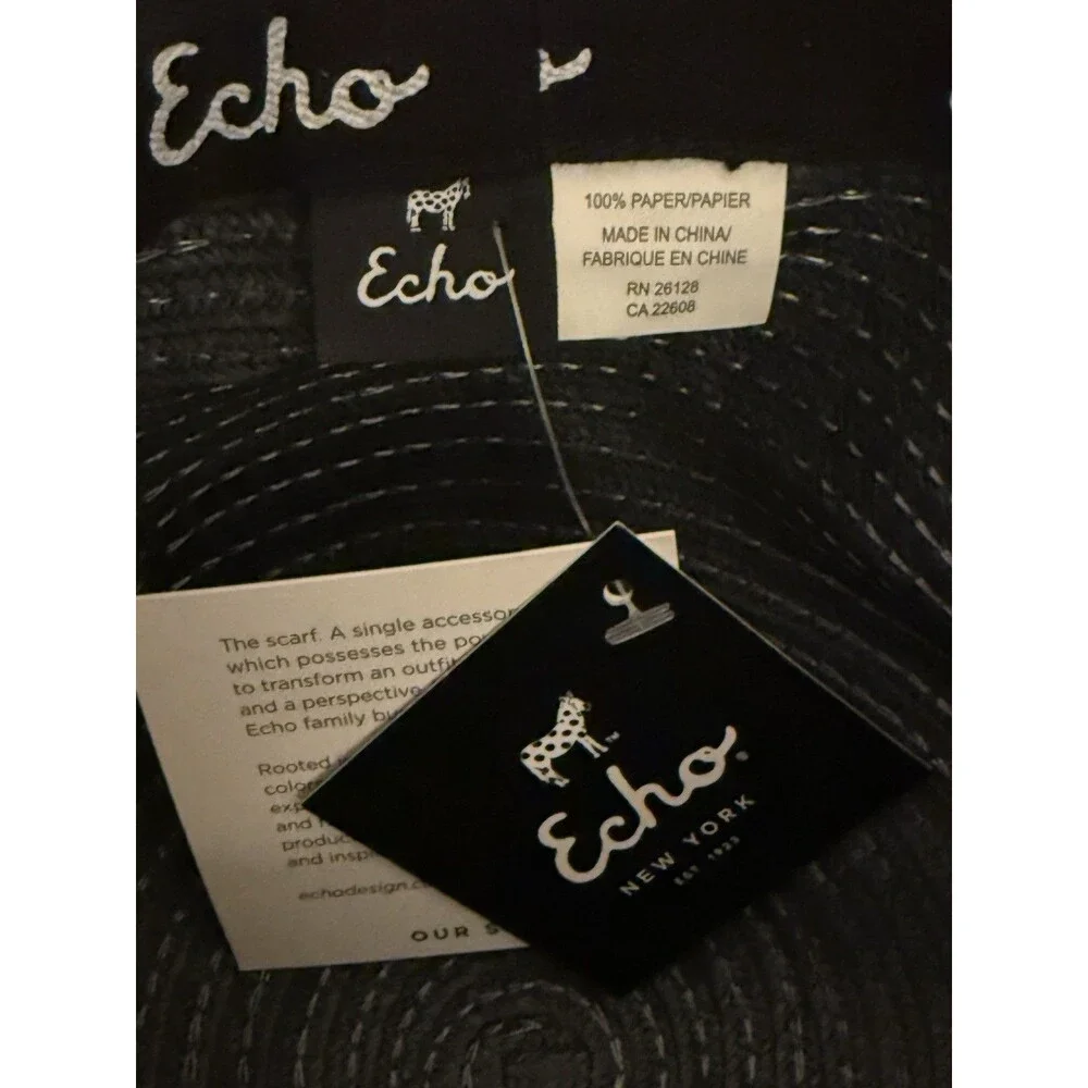 Echo Design Womens Beach Straw Hat Navy Blue White Elastic Band Sun Cap OS